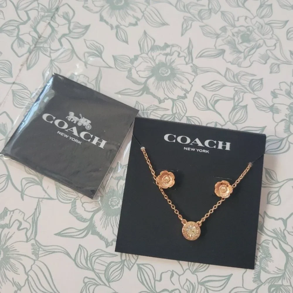 NWT Coach Circle Necklace and Tea Rose Earring Set